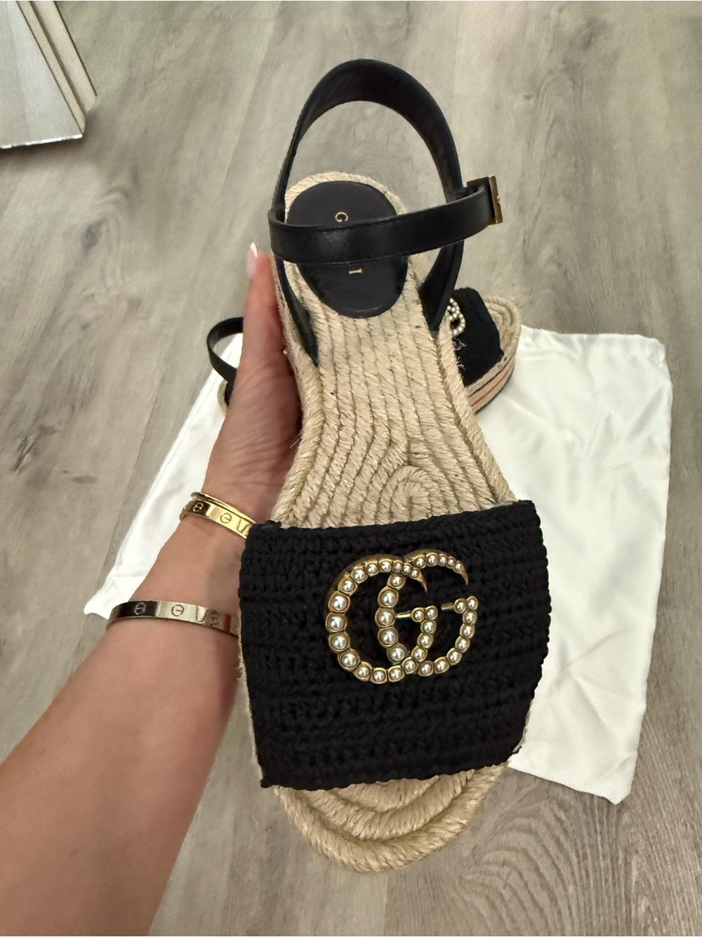 Gucci Black Raffia Espadrille Sandals with Gold Crystal Double G - Picture 12 of 14